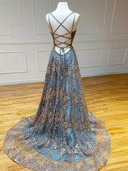 Unique v neck tulle sequin long prom dress, sequin long evening dress
