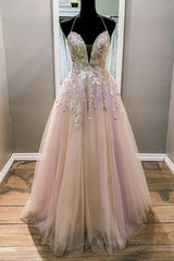 V Neck Backless Pink Lace Floral Long Prom Dress, Pink Lace Formal Dress, Pink Evening Dress