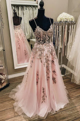 V Neck Backless Pink Lace Long Prom Dress, Long Pink Lace Formal Evening Dress