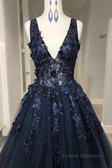 V Neck Beaded Black Lace Appliques Long Prom Dress, Black Lace Formal Graduation Evening Dress
