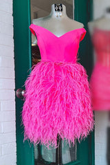 V-Neck Hot Pink Tight Homecoming Dress with Feathered Skirt