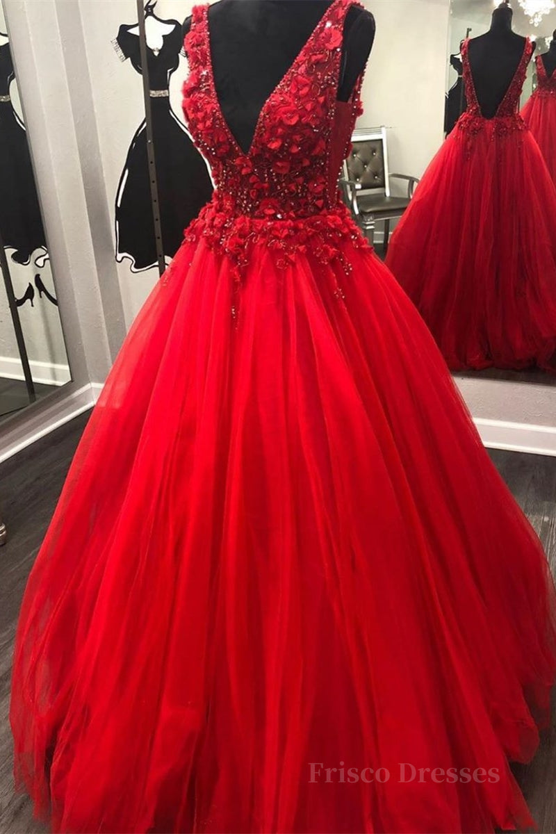 V Neck Open Back Beading Red Long Prom Dress with 3D Flower, V Neck Red Formal Dress, Red Evening Dress