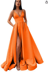 V-Neck Slit Satin Long Prom Dress Spaghetti Strap Evening Ball Gown with Pockets