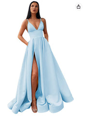 V-Neck Slit Satin Long Prom Dress Spaghetti Strap Evening Ball Gown with Pockets