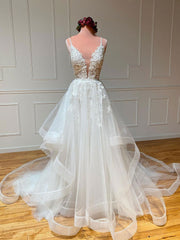 White v neck tulle lace long prom dress, white lace formal dress