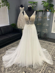 White v neck tulle sequin beads long prom dress, A line evening dress