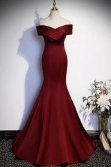 Wine Red Mermaid Long Prom Dress, Off the Shoulder V-Neck Wedding Party Dress