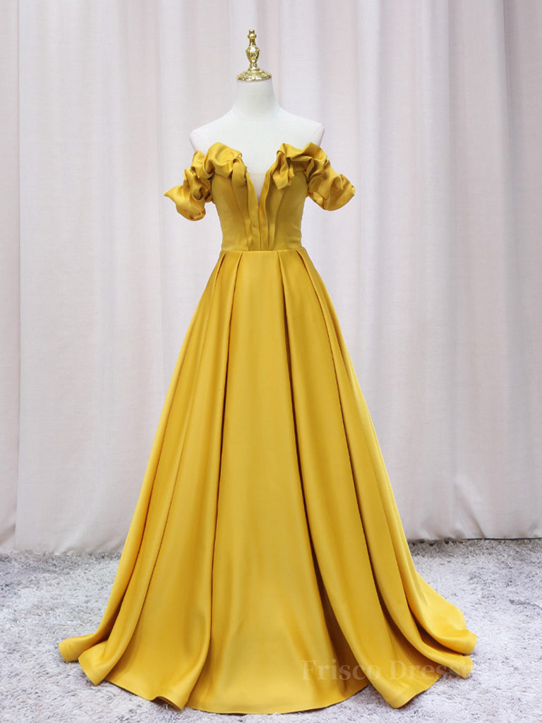 Yellow A-line Satin Long Prom Dress, Yellow Formal Dress