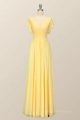Yellow Chiffon A-line Pleated Long Bridesmaid Dress