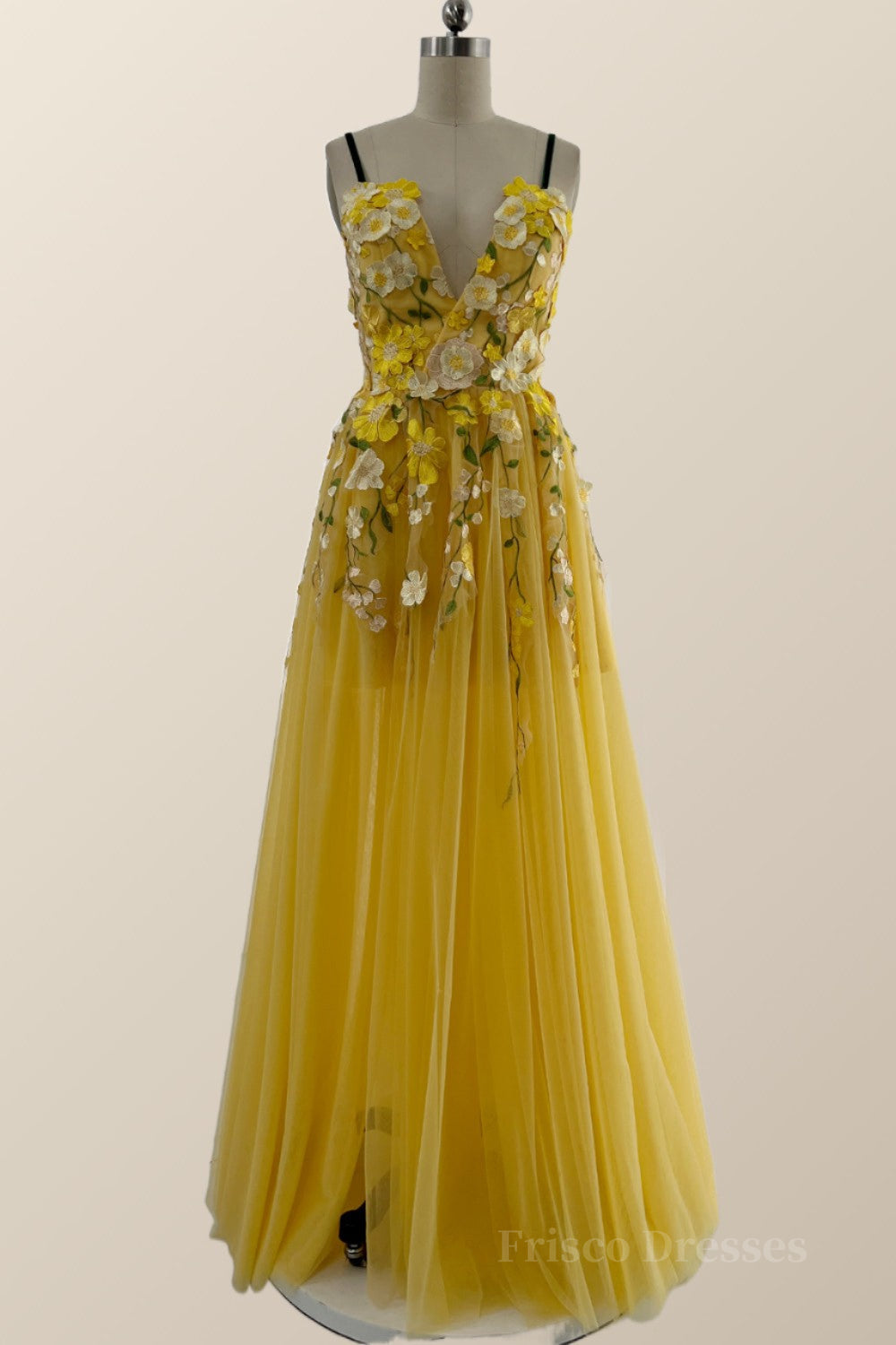 Yellow Floral Embroidery A-line Long Formal Dress