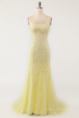 Yellow Mermaid Lace Appliques Long Formal Dress