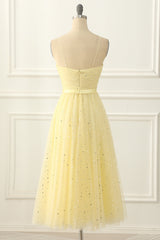 Yellow Tulle Spaghetti Straps Midi Sparkly Prom Dress